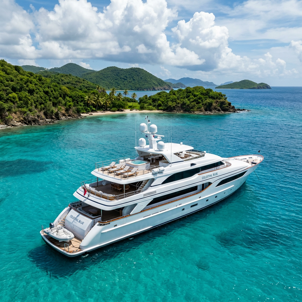 Luxury yacht Celestial Blue anchored in turquoise ocean near green island