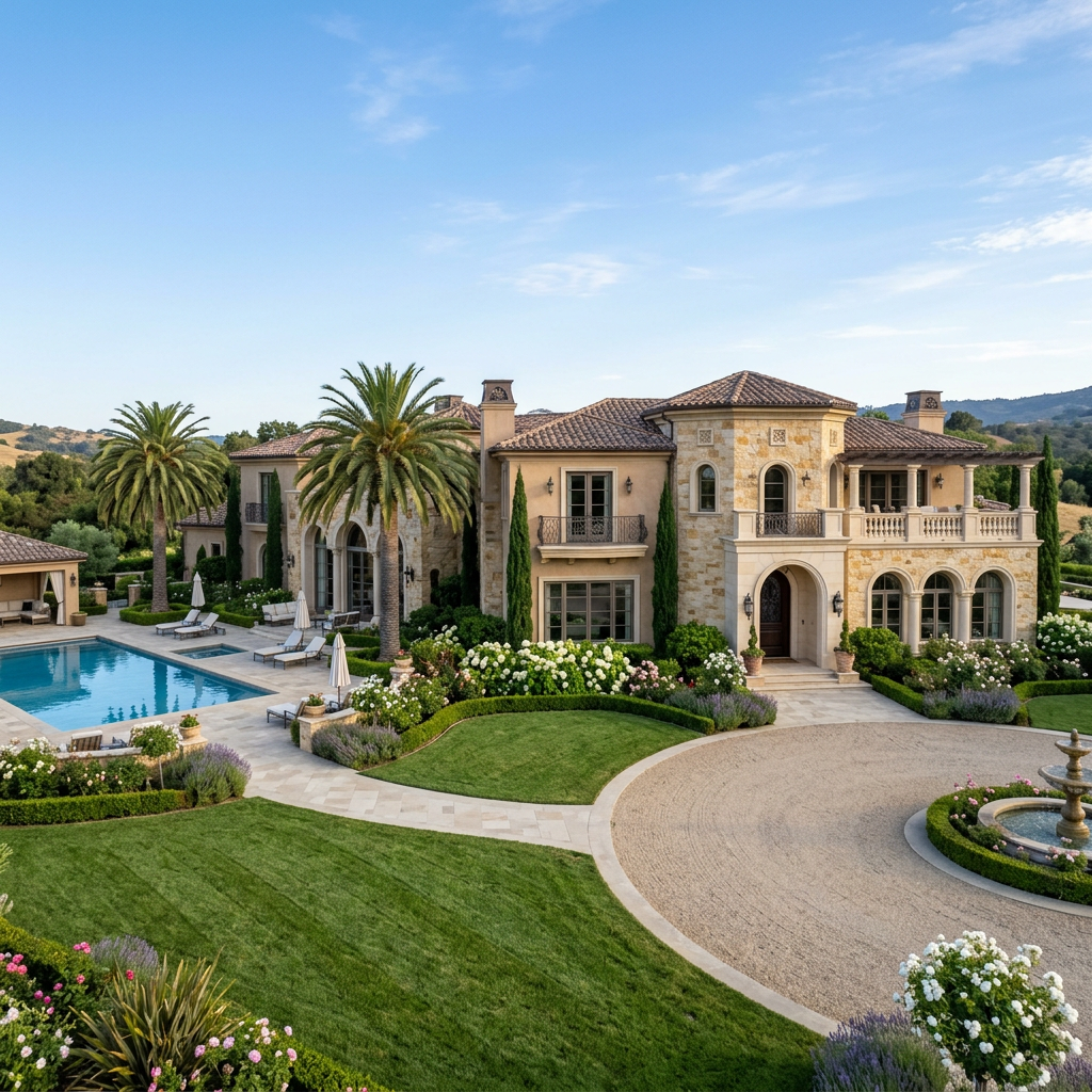 Mediterranean-style mansion with tiled roof, palm trees, swimming pool, and manicured gardens