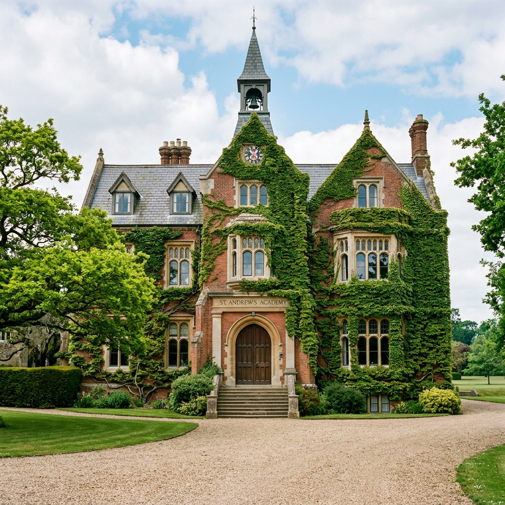 Ivy-covered brick building with arched wooden door and clock tower labeled St. Andrews Academy
